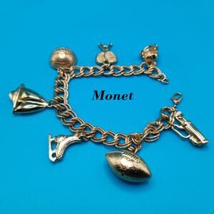Vintage Monet Charm Bracelet Sports Theme Gold Tone Sister Clasp